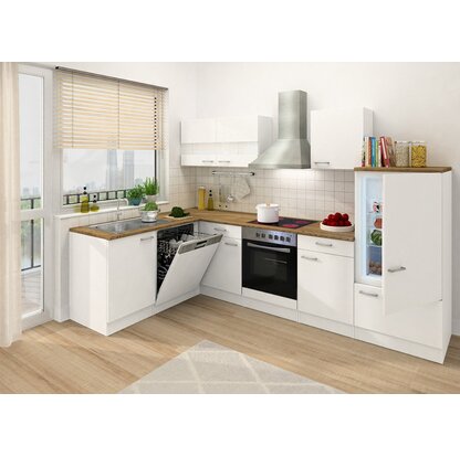 Respekta Winkelküche KBL280WWCG 280 x 172 cm Weiß-Butcher Nussbaum